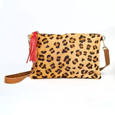 £75 • Buy Leopard Print Cow Hide & Red Leather Tassel Clutch Handbag - My Doris Evening 