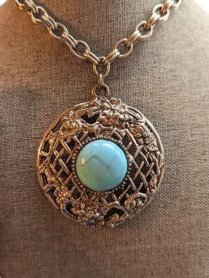 Vintage Silver Tone Chunky Faux Turquoise Cabochon Pendant Double Chain Necklace • $14.99