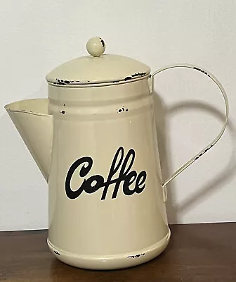 Farmhouse Enamel Coffee Pot Pitcher Beige Black Accents Coffee Trim Lid Decor • $17.25