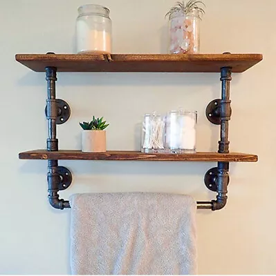 Industrial Pipe Bathroom Towel Rail With Double Rustic Oak Shelf • £99.99