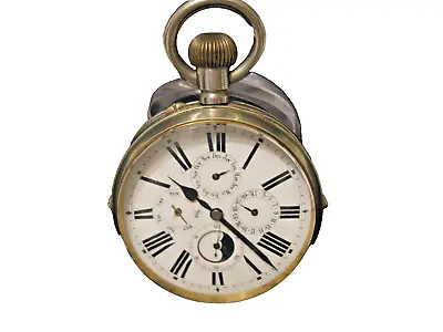 SWISS ANTIQUE OVERSIZED POCKET WATCH 4 DIAL CALENDAR RARE 71.1mm CASE! TESTED! • $795