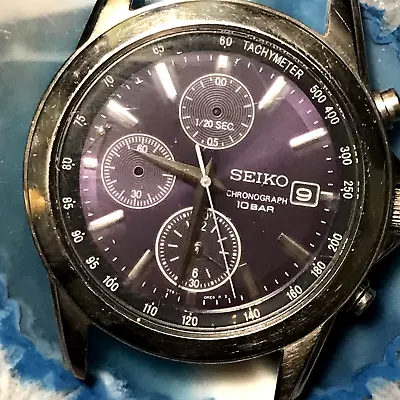 Seiko Watch Vintage Chronograph Men's Quartz Water Resist 50m Purple Dial 38 MM • $26.72