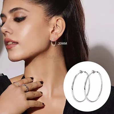 20mm Silver Women Stainless Steel Steel Non Pierced Clip Fake Hoop Earrings • £3.49