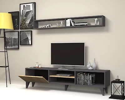 Amore TV Unit And Wall Shelves - Grey/Oak Up To 65-inch TV • £199