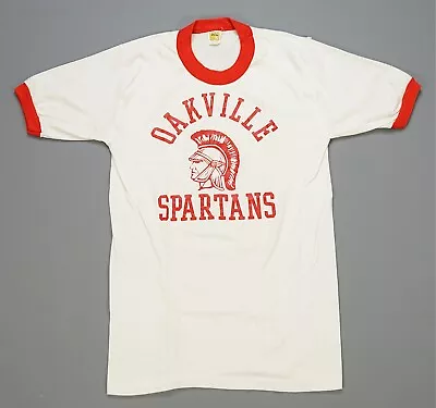 Rare Vintage VELVA SHEEN Oakville Spartans Single Stitched Ringer T Shirt 80s M • $34.99