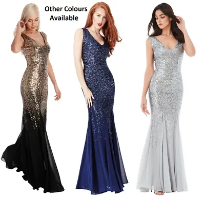 £49.99 • Buy Goddiva Sequin Chiffon Inserts Full Length Maxi Evening Dress Bridesmaid Prom