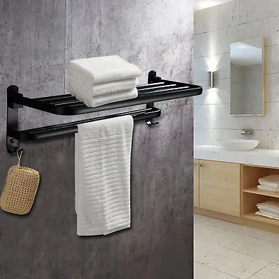 2 Tier Wall Mounted Folding Towel Rack Bathroom Rail Hanger Holder Storage Shelf • $19