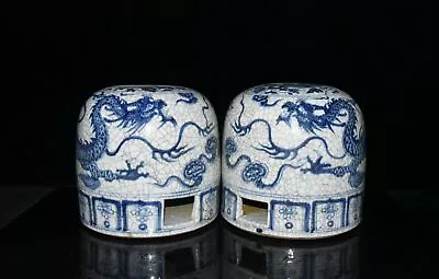 8.8 Old China Yuan Dynasty Blue White Dragon Pattern Mongolian Yurts  A Pair • $560