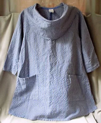 Match Point Size S Cowl Neck Tunic Top Linen 2 Pockets Lagenlook Boho Blue Plaid • $19.99