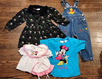 Vintage Disney Babies Minnie Mouse 4 Pc Baby Girl Dress Clothes Overalls Shirt • $100