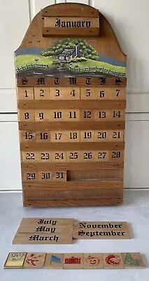 Wooden Perpetual Wall Calendar Farm Scene Vintage Complete • $40