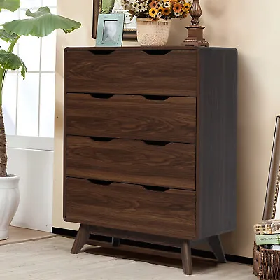 4 Drawers Chest Of Dresser Storage Modern Walnut Clothes Organizer Mid-Century • $134.99