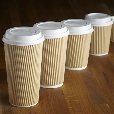 Disposable Ripple Triple Walled Paper Coffee Cup Brown Cups With/without Lids • £8.95