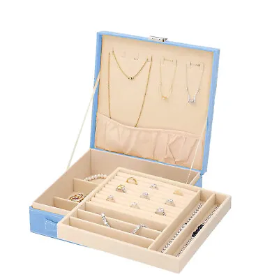 £53.88 • Buy Blue Faux Velvet Jewelry Box Organizer 2 Layer Anti-Tarnish Scratch Protection