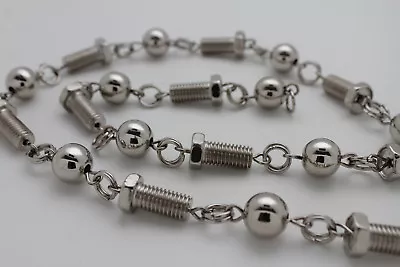 Rocker Men Fashion Long Necklace Silver Metal Balls Tools Screws Bling Bold Look • $18.95