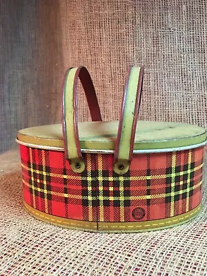 1950’s Red Black Yellow Tartan Plaid Metal Picnic Basket Lunch Pail Ohio Art • $65