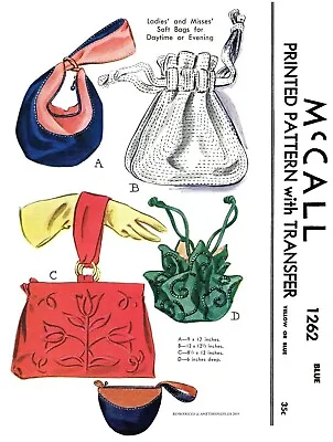 McCall #1262 Handbags Purse Bags Fabric Sewing Pattern Vintage 40s Bolso Sac BAG • $6.95