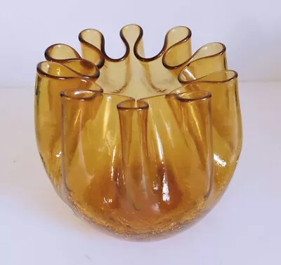 Vintage Mid Century PILGRIM Crackle Glass Honey Amber Ribbon Ruffle Vase • $29.99