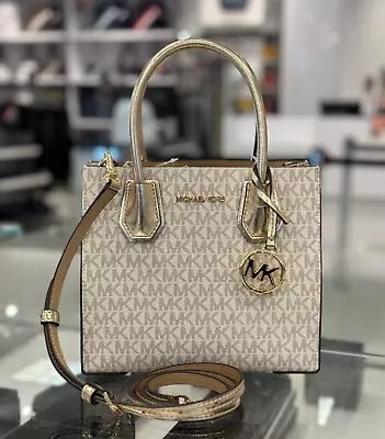 Michael Kors Mercer Medium Satchel Messenger Shoulder Bag Mk Vanilla Pale Gold • $84