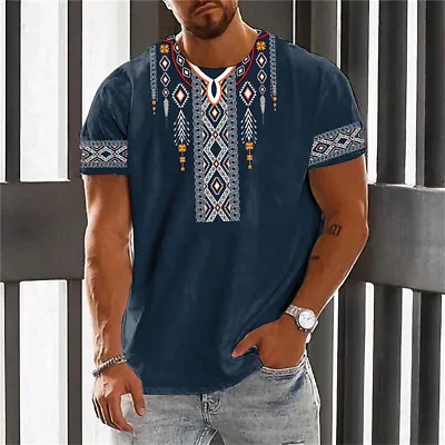 Men African T-Shirt Ethnic Tops Traditional Tee Short Sleeve Dashiki Shirt • £15.08