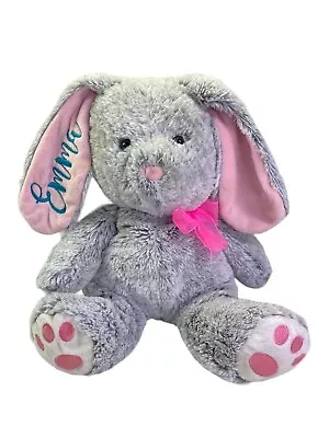 Hug Fun 14  Grey Floppy Ears Bunny Rabbit Pink Ribbon Embroidered EMMA • $11.04