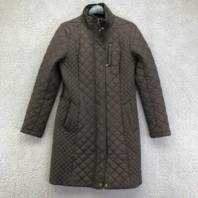 Cole Haan Puffer Coat Brown A Line Long Quilted Long Sleeve Zip Womens Small • $25