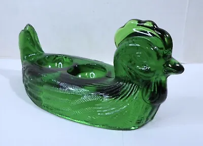 Vintage GLASS CHICKEN / HEN DOUBLE EGG CUP Green Pressed Glass 7.5  Long • $20