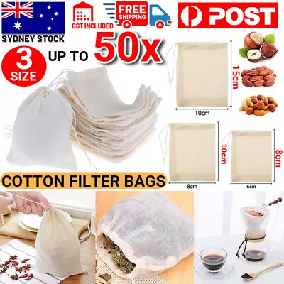 $4.75 • Buy UP 50x Reusable 100% Cotton Muslin Filter Bags Spices Herbs Tea Soup Drawstring