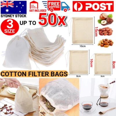 $4.75 • Buy UP 50x Reusable 100% Cotton Muslin Filter Bags Spices Herbs Tea Soup Drawstring