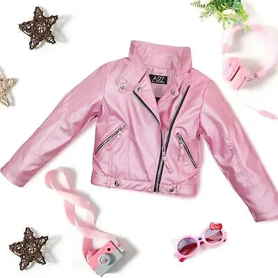 PU Leather Jacket Waterproof Zip Up Coat For Girls Age 5-13 Years • £19.99