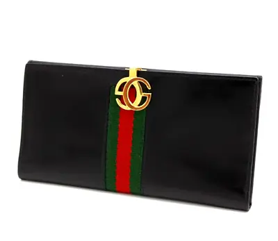 $328.99 • Buy Gucci Wallet Sherry Bifold Long Purse GG Buckle Leather Black Vintage Authentic
