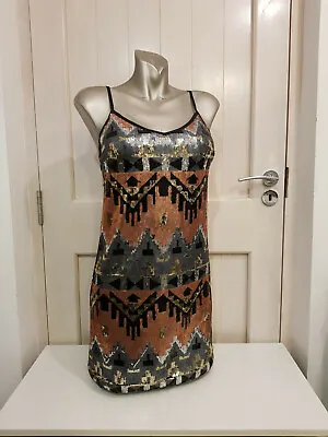 Miss Selfridge Sequin Dress Gatsby Flapper Aztec Pattern Metallic Copper Gold 6 • $8.69