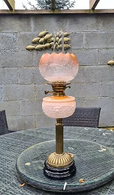 Original Victorian Embossed Peach Orange Glass Oil Lamp Font Etched Shade Base • £395