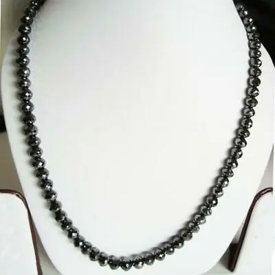 $264 • Buy 6 Mm 22 Inches Black Diamond Beads Necklace 925 Silver Claps With Certificate