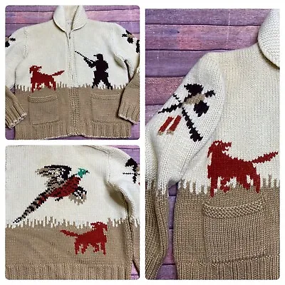 Vintage 50s Mary Maxim Cowichan Sweater Sz M Hand Knit Hunting Dog Wool Pheasant • $200