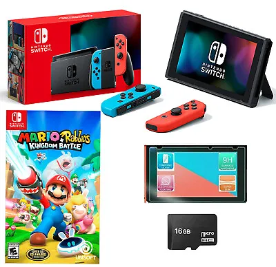 ⭐NEW Nintendo Switch NEON Bundle + Mario Rabbids GAME Joy Cons + 16GB + MORE⭐ • $284.44