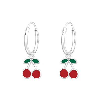 925 Sterling Silver Cherry Red Fruit Sleeper Hoop Earrings Kids Girls12mm • $13.99