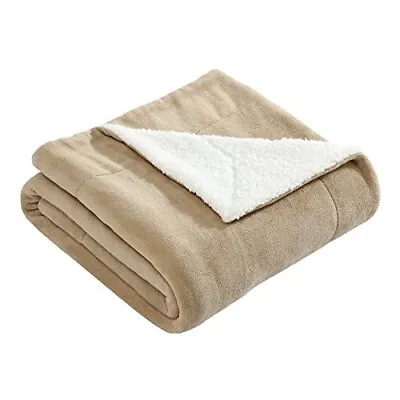 EDDIE BAUER Tan Sherpa Fleece REVERSIBLE Ultra Soft 50  X 60  THROW Blanket NEW • $40.49