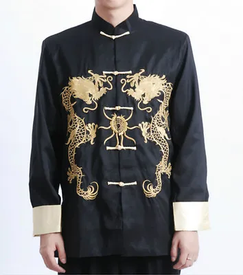 £22.99 • Buy Chinese Oriental Mens Kung Fu Satin Black Golden Dragon Top Long Shirt Cmssh16