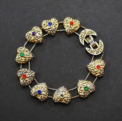 Vintage Gold & Silver Heart Charm Chain Link Bracelet With Colorful Gemstones • $14.95