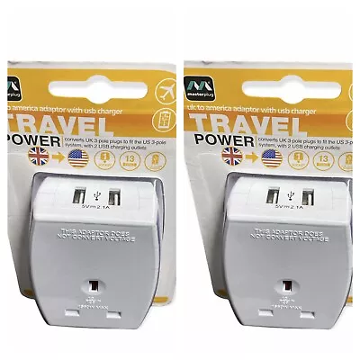 Masterplug UK To USA And Canada Travel Adaptor With 2 USB Ports White Pack Of 2 • £12.99