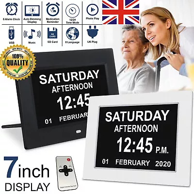 7inch Digital Alarm Clock LCD Calendar Day Datetime Memory Loss Dementia Elderly • £30.99