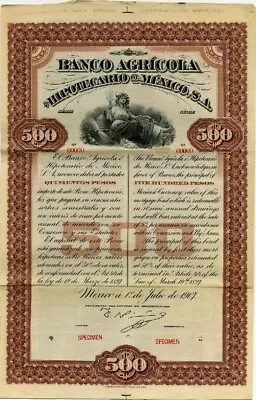 Mexico 1907 Banco Agricola Hipotecario 500 Pesos Coupons SPECIMEN Bond Share • $135