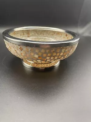 Mosaic Glass Pedestal Dish Silver Accents Copper/Gray Stones Table Decor ￼ • $25.60