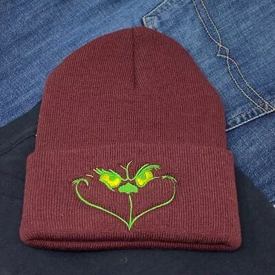 GRINCH FACE  Maroon Beanie Embroidered In Green And Yellow • $19.99