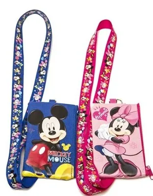 Disney Mickey & Minnie Set Of 2 Lanyard ID Ticket Badge Key Chain Holder Wallet! • $12.88