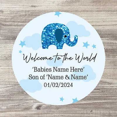 48 X Baby Shower Sticker Welcome To The World Baby Boy  Blue  Personalised • £3.50