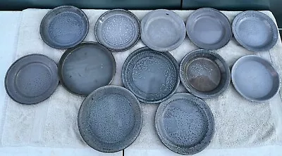 Vintage Gray Graniteware Enamelware Pie Pans Plates Tray Serving Lot Of 12 • $115