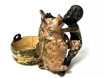 Antique Very Rare Vienna Cold Painted Bronze Boy Feeding Pig & Pot Group Figure • $325