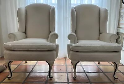 Pair Of Traditional WINGBACK Queen Anne Style Chairs In Off-White -- Good Bones! • $575